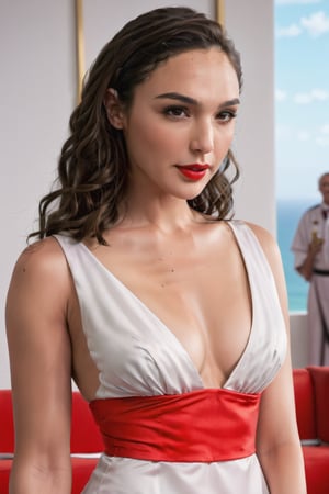 Gal Gadot wears nun uniform, bright red lips, lustrous eyes, Big Breast, Perfect boobs, Cleavage, Sultra Detailed Face, Model figure, Full body angle, High quality, Very Detailed, 8k, euphoric style, Aesthetic Portrait, Masterpiece, Photo, Extremely Realistice