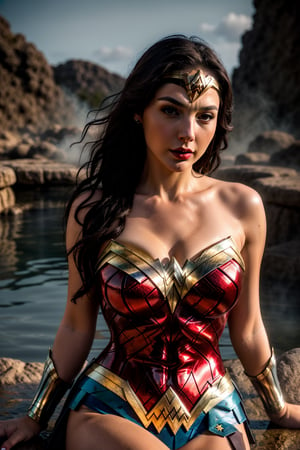 Gal Godot, Wonder Woman, in the hot spring, red lips, adorable, long hair, perfect fingers, perfect nails, lustrous eyes, big breast, cleavage, perfect natural breasts, perfect boobs, ultra detailed face, model figure, full body portrait, first-person view, high quality, very detailed, 8k ultra HD, awake euphoric style, aesthetic portrait, masterpiece, extremely realistic, real photo, photorealistic, sexy pose, nice legs and hot body, striking pose