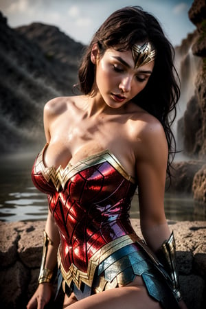 Gal Godot, Wonder Woman, in the hot spring, red lips, adorable, long hair, perfect fingers, perfect nails, lustrous eyes, big breast, cleavage, perfect natural breasts, perfect boobs, ultra detailed face, model figure, full body portrait, first-person view, high quality, very detailed, 8k ultra HD, awake euphoric style, aesthetic portrait, masterpiece, extremely realistic, real photo, photorealistic, sexy pose, nice legs and hot body, striking pose