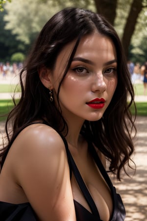 Dafne Keen, Blouse, Tunic Dress, Pinafore, in the park, red lips, adorable, long hair, perfect fingers, perfect nails, lustrous eyes, big breast, cleavage, perfect natural breasts, perfect boobs, ultra detailed face, model figure, full body portrait, first-person view, high quality, very detailed, 8k ultra HD, awake euphoric style, aesthetic portrait, masterpiece, extremely realistic, real photo, photorealistic, sexy pose, nice legs and hot body, striking pose