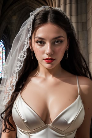 Dafne Keen, One-piece wedding dress, veil, white gloves, bouquet, in the cathedral, red lips, adorable, long hair, perfect fingers, perfect nails, lustrous eyes, big breast, cleavage, perfect natural breasts, perfect boobs, ultra detailed face, model figure, full body portrait, first-person view, high quality, very detailed, 8k ultra HD, awake euphoric style, aesthetic portrait, masterpiece, extremely realistic, real photo, photorealistic, sexy pose, nice legs and hot body, striking pose