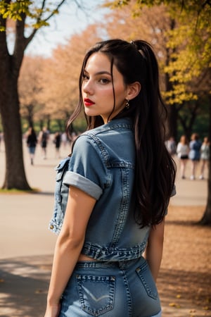 Dafne Keen, short sleeves, denim jacket, jeans, in the park, red lips, adorable, long hair, perfect fingers, perfect nails, lustrous eyes, big breast, cleavage, perfect natural breasts, perfect boobs, ultra detailed face, model figure, full body portrait, first-person view, high quality, very detailed, 8k ultra HD, awake euphoric style, aesthetic portrait, masterpiece, extremely realistic, real photo, photorealistic, sexy pose, nice legs and hot body, striking pose