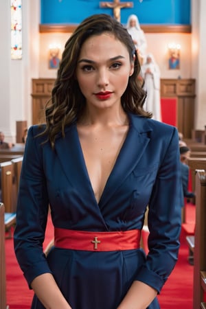 Gal Gadot wears nun uniform in the church, bright red lips, lustrous eyes, Big Breast, Perfect boobs, Cleavage, Sultra Detailed Face, Model figure, Full body angle, High quality, Very Detailed, 8k, euphoric style, Aesthetic Portrait, Masterpiece, Photo, Extremely Realistice