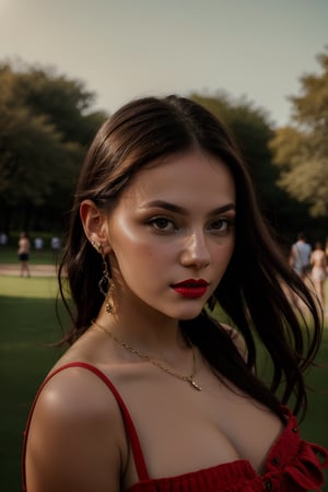 Dafne Keen, Blouse, Tunic Dress, Pinafore, in the park, red lips, adorable, long hair, perfect fingers, perfect nails, lustrous eyes, big breast, cleavage, perfect natural breasts, perfect boobs, ultra detailed face, model figure, full body portrait, first-person view, high quality, very detailed, 8k ultra HD, awake euphoric style, aesthetic portrait, masterpiece, extremely realistic, real photo, photorealistic, sexy pose, nice legs and hot body, striking pose