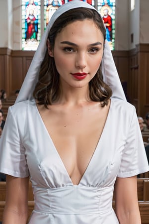 Gal Gadot wears nun uniform in the church, bright red lips, lustrous eyes, Big Breast, Perfect boobs, Cleavage, Sultra Detailed Face, Model figure, Full body angle, High quality, Very Detailed, 8k, euphoric style, Aesthetic Portrait, Masterpiece, Photo, Extremely Realistice