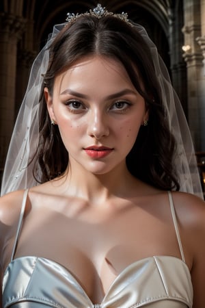 Dafne Keen, One-piece wedding dress, veil, white gloves, bouquet, in the cathedral, red lips, adorable, long hair, perfect fingers, perfect nails, lustrous eyes, big breast, cleavage, perfect natural breasts, perfect boobs, ultra detailed face, model figure, full body portrait, first-person view, high quality, very detailed, 8k ultra HD, awake euphoric style, aesthetic portrait, masterpiece, extremely realistic, real photo, photorealistic, sexy pose, nice legs and hot body, striking pose