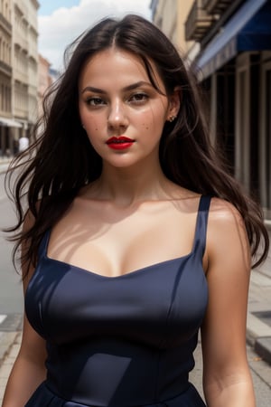 Dafne Keen, blue dress, on the street, red lips, adorable, long hair, perfect fingers, perfect nails, lustrous eyes, big breast, cleavage, perfect natural breasts, perfect boobs, ultra detailed face, model figure, full body portrait, first-person view, high quality, very detailed, 8k ultra HD, awake euphoric style, aesthetic portrait, masterpiece, extremely realistic, real photo, photorealistic, sexy pose, nice legs and hot body, striking pose