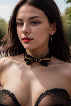 Dafne Keen, armpit, strapless corset, black pantyhose, rabbit ears, collar, bow tie, cuffs, cufflinks, stuffed bunny tail, in the park, red lips, adorable, long hair, perfect fingers, perfect nails, lustrous eyes, big breast, cleavage, perfect natural breasts, perfect boobs, ultra detailed face, model figure, full body portrait, first-person view, high quality, very detailed, 8k ultra HD, awake euphoric style, aesthetic portrait, masterpiece, extremely realistic, real photo, photorealistic, sexy pose, nice legs and hot body, striking pose