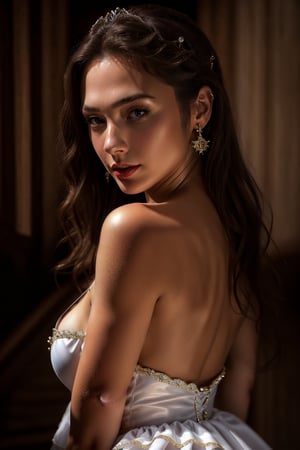 Gal Godot, crown, Princess outfit, crinoline dress, red lips, adorable, long hair, perfect fingers, perfect nails, lustrous eyes, big breast, cleavage, perfect natural breasts, perfect boobs, ultra detailed face, model figure, full body portrait, first-person view, high quality, very detailed, 8k ultra HD, awake euphoric style, aesthetic portrait, masterpiece, extremely realistic, real photo, photorealistic, sexy pose, nice legs and hot body, striking pose