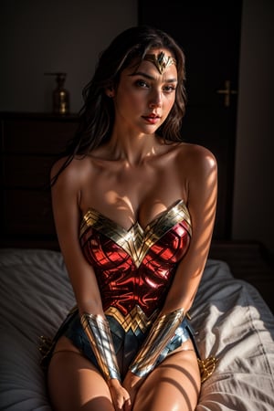 Gal Godot, wonder woman, red lips, adorable, long hair, perfect fingers, perfect nails, lustrous eyes, big breast, cleavage, perfect natural breasts, perfect boobs, ultra detailed face, model figure, full body portrait, first-person view, high quality, very detailed, 8k ultra HD, awake euphoric style, aesthetic portrait, masterpiece, extremely realistic, real photo, photorealistic, sexy pose, nice legs and hot body, striking pose