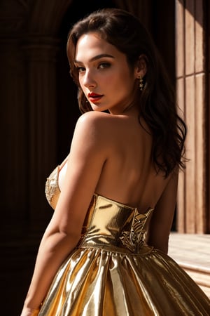 Gal Godot, crown, Princess outfit, crinoline dress, red lips, adorable, long hair, perfect fingers, perfect nails, lustrous eyes, big breast, cleavage, perfect natural breasts, perfect boobs, ultra detailed face, model figure, full body portrait, first-person view, high quality, very detailed, 8k ultra HD, awake euphoric style, aesthetic portrait, masterpiece, extremely realistic, real photo, photorealistic, sexy pose, nice legs and hot body, striking pose