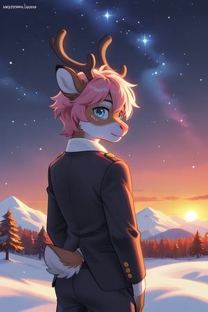 solo, (by nekowuwu), reindeer, anthro, by braeburned, looking at viewer, presenting hindquarters, short hair, rear view, blue eyes, long sleeves, 1boy, pink hair, antlers, formal clothes, male focus, outdoors, horns, sky, tree, starry sky, (cozy), nature, snow, starry sky, sunrise, mountain,