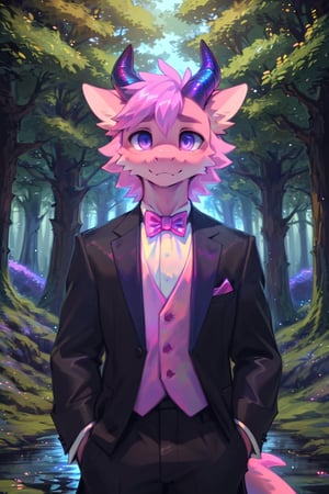 (detailed scales), solo, cute,(pink bow tie, formal wear, iridescent clothes)++ male, seductive, perfect eyes, seductive pose, perfecteyes eyes, (male anthro dragon)1.3, (iridescent  pastel pink body)1.3, (standing)1.3, (kemono:1.1)++, (magical forest)1.23, detailed eyes, horn, (full body portrait)+, (detailed eyes)+, dnd, (dark)1.1, detailed background, 8k hd, (dark shadows, wide dynamic range, hdr, low light)1.2, by Pino Daeni, by dagasi, by foxovh, by Silgiriya Mantsugosi, crystallineAI,best quality,SAM YANG