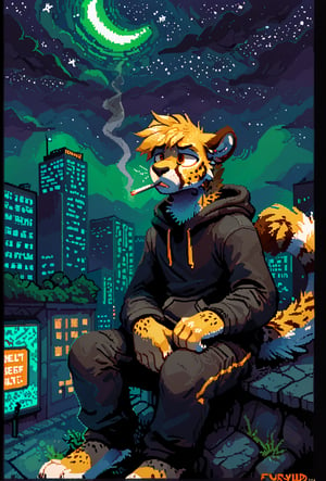 (by furvidd), by edjit, A solo figure of a male character sits, smoking a cigarette, surrounded by a dim nightlife of a cityscape at night with bright stars in the sky. The cheetah-inspired subject wears baggy pants and a hoodie, his amber eyes seemingly lost in thought as he looks up at the sky, exuding a dejected air. His fur appears short and sleek, and the scene has a slight green tint giving it an earthy tone. A bold line art style adds depth to the pixelart image, highlighting the character's slim waist and detailed background.,pixel_art,furry