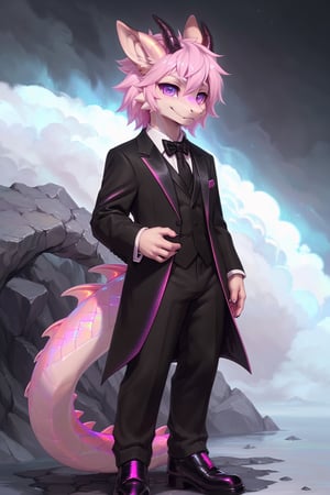 (detailed scales), solo, cute,(pink, formal wear, iridescent)++ male, seductive, perfect eyes, seductive pose, (male anthro dragon)1.3, (standing)1.3, (kemono:1.1)++, detailed eyes, horn, (full body portrait)+, (detailed eyes)+, (dark)1.1, detailed background, 8k hd, by Pino Daeni, by foxovh, by Silgiriya Mantsugosi, crystallineAI,best quality,SAM YANG,CLOUD,allblacksuit, Furry Girl