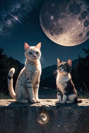 a white little cat looking at the stars in the moon, digital art