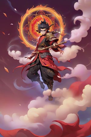 cinematic, ultra realistic, a little Chinese boy, short black hair, lighting as part of human body, red armor, ((holding weapon with spear on fire)), ((Wearing a golden circle from the left shoulder to the right side of the knee)), sparks and surges, good and clear facial features, (((light red aura flower of life as read geometry background))), ready to print, vibrant, Sci-fi, Leonardo Style, high_mountain, (step hot wheels), glowing aura, (red strips of cloth are flying around, red strips embrace his silhouette), light particles,magic circle, (floating_aura:1.4), energy spiral, fantastic atmosphere, fantastic sense of light, science fiction, bloom, Bioluminescent, liquid, floating_fragments:1.3, (depth_of_field:1.4), mythical clouds, ((rainbow_cloud))