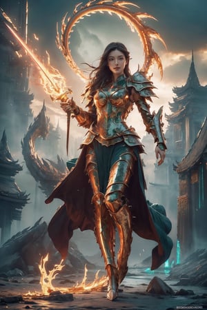 (detailed beautiful eyes and detailed face, masterpiece side light, masterpiece, best quality, detailed, high resolution illustration), A gorgeous battle maiden, long black hair, emerald green eyes, bewitching smile, full body, heavy armor, divine armor, majestic and intricate armor, glows with an ethereal light, a majestic sword, attacking pose, hourglass bodyshape, (upper body), front_view, mech4rmor, , ((full body shots:1.38)) ,1 girl, (Oriental Dragon), on a red cloud background, fire, lightning,