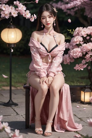 girl, kpop idol, bare shoulders, long hair, best quality, (hair ornament:1.35), jewelry, earrings, cherry blossoms, lantern light, depth of field, detailed face, face focus, ribbon_trim, (looking at viewer:1.25), shiny skin, long sleeves, big smile , thick lips, hands on lips, (blurry background:1.2), sitting, Chinese style,perfect, front_view,  ((full body shots:1.38)), Chinese bikini qipao