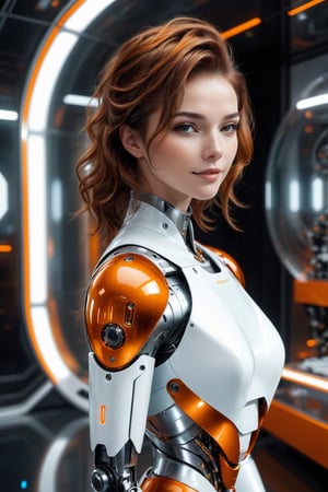 Generating ultra-realistic images of female robots. spcrft,smile,brown hair,(transparent part),chrometech,((back view: 1.5)),((orange and white metal set)),((glass element)),
Lying in the private bedroom of the spaceship, futuristic minimalist interior design,