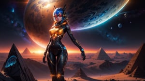 "((Futuristic girl)) immersed in Egypt Cyberstyle, a sleek blend of ancient and cyberpunk elements, standing against a backdrop of a ((fantastic planetscape)) in space, illuminated by the cyber-infused golden hour, ((science fiction masterpiece)), ((vibrant colors)), detailed composition, (best quality)