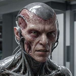 Hyperrealistic, HD, intricate details, humanoid decapodicampes monster, head and half head, with half translucent body and internal in a high-tech alien lab, translucent-flesh-grey, raw meat face, edges merged, smooth heads, smooth face, organic smooth scaly skin, horn, spacesuit, helmet, wet, bulky, old civic building, silk skin, compound eyes, tiny bug eyes with slit pupils, solid neck, hair, focus, by pascal blanche rutkowski repin artstation hyperrealism, 4 k 