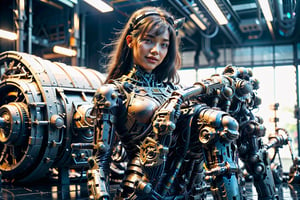 Female,standing,street,brass,(goggle),goat horns on head,15-year-old,bangs,a little smiles,mechanical arm,smallest breast,thighs,crotch,knees,longest hair,ponytail,from below,Mecha body,STEAM PUNK