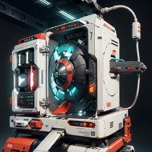 ((Futuristic power supplier machine))((portable power station)), sci-fi design high, tech look,  aerodynamic, hyper-realistic, highly detailed machine Parts, ((Red and White paintwork)),hi_tech future background