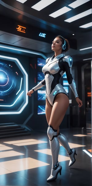 Generate hyper realistic image of a moment where a female cyborg mimics human emotions, such as laughter or a thoughtful expression, highlighting the challenges she faces in emulating the subtleties of genuine human emotional responses.((dancing in the lobby of the spaceship)),wear cool sci_fi vr glass,((space ship background)),((control digital screen)),futureskyline