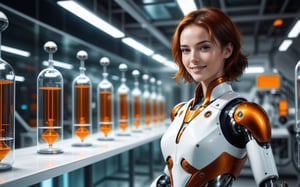 Generating ultra-realistic images of female robots. spcrft, smiling, brown hair, (transparent part), chrometech,((orange and white metal set)), ((glass elements)),Standing in the biological laboratory of the spaceship,the lab is a circle room,(( aliens)) contained in ((one gigantic glass bottle)),Future ((high-tech robotic arm)) at work,white futuristic minimalist interior design,big digital control screen,