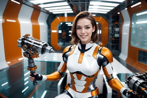 Generating ultra-realistic images of female robots. spcrft, smiling, brown hair, (transparent part), chrometech, ((panoramic top view: 1.5)), ((orange and white metal set)), ((glass elements)), sitting in the mechanical repair room of the spaceship, A hand holding a futuristic power tool, futuristic minimalist interior design,