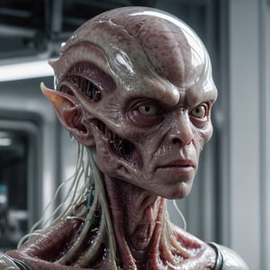 Hyperrealistic, HD, intricate details, humanoid decapodicampes monster, head and half head, with half translucent body and internal in a high-tech alien lab, translucent-flesh-grey, raw meat face, edges merged, smooth heads, smooth face, organic smooth scaly skin, horn, spacesuit, helmet, wet, bulky, old civic building, silk skin, compound eyes, tiny bug eyes with slit pupils, solid neck, hair, focus, by pascal blanche rutkowski repin artstation hyperrealism, 4 k 