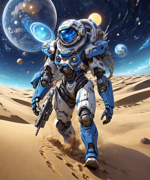 anime art style, solo space traveler wearing mecha spacesuit, walking in  unreal swirling sand dunes, windy night, more detail XL, epic blue moonlight, outer planets collapsing, fisheye lens,