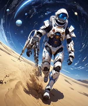 anime art style, solo space traveler wearing mecha spacesuit, walking in  unreal swirling sand dunes, windy night, more detail XL, epic blue moonlight, outer planets collapsing, fisheye lens,