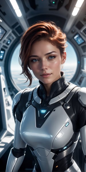 Generate hyper realistic image of a moment where a female cyborg mimics human emotions, such as laughter or a thoughtful expression, highlighting the challenges she faces in emulating the subtleties of genuine human emotional responses.close eyes,sunshine,sitting in a spacecraft,wear cool sci_fi vr glass,((space ship background)),((control digital screen)),futureskyline