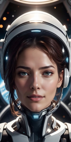 Generate hyper realistic image of a moment where a female cyborg mimics human emotions, such as laughter or a thoughtful expression, highlighting the challenges she faces in emulating the subtleties of genuine human emotional responses.close eyes,sunshine,sitting in a spacecraft,wear cool sci_fi vr glass,((space ship background)),((control digital screen)),futureskyline