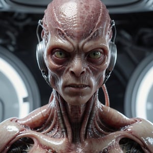 Hyperrealistic, HD, intricate details, humanoid decapodicampes monster, head and half head, with half translucent body and internal in a high-tech alien lab, translucent-flesh-grey, raw meat face, edges merged, smooth heads, smooth face, organic smooth scaly skin, horn, spacesuit, helmet, wet, bulky, old civic building, silk skin, compound eyes, tiny bug eyes with slit pupils, solid neck, hair, focus, by pascal blanche rutkowski repin artstation hyperrealism, 4 k 