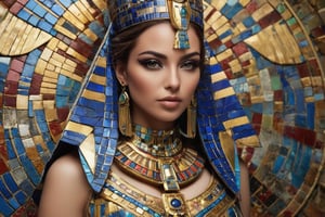 egyptian attractive queen, Generate hyper realistic image of a visually dynamic beauty shot but as if she was real by incorporating mosaic patterns or elements. Whether through makeup, props, or background, introduce a mosaic-inspired theme to add complexity and visual interest to the composition. looking seriously at the viewer, extreme realism, award-winning photo, sharp focus, detailed, intricate,art_booster