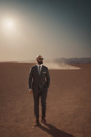 A very hot wind is blowing over a desert landscape. He is nice, young, close to 36 years old, bald, full beard, sunglasses, strong, serious, successful. he is wearing an official suit. Magic realism, mysterious, hot. Cinematic Lighting.