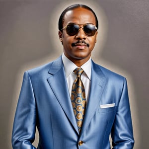 Generate a photorealistic full body portrait of Stevie Wonder 2024 in his classic clothes but as if he was real. looking at the viewer, extreme realism, award-winning photo, sharp focus, detailed, intricate,art_booster