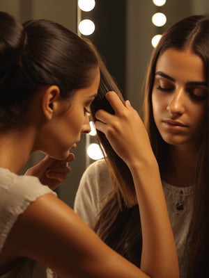 photo r3al, photorealistic, masterpiece, hyperdetailed photography, young arabic woman combing her hair, her hair is very dry, she is on front of her mirror, she is sad, best quality, 8k UHD, 8k, ultra quality, ultra detailed, closed eyes, warm lighting, soft lighting, smirking, professional photography, natural faces, natural beauty, hypnotizing eyes, 