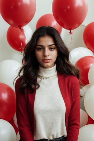 fashion portrait photo of beautiful young egyptian woman from the 60s wearing a red turtleneck standing in the middle of a ton of white red black balloons, taken on a hasselblad medium format camera