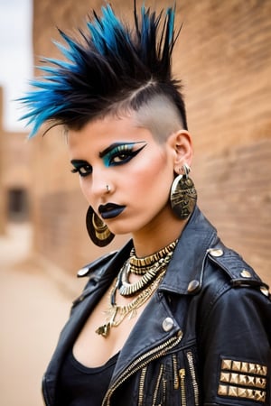 rebellious and edgy world of a young pharaonic punk girl. Portray her fearless attitude, daring fashion sense, and fierce individuality. complete with spiked hair, wild makeup, and an unmistakable punk rock spirit. Take us back to a time when punk music, street style, and a defiant spirit challenged societal norms. 