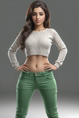 Highly detailed photorealistic image of a 25 years old arabic girl standing. she have a big belly and hips. The girl is wearing tight green pants and a sweater. The pants are very low rise. Belly button is clearly visible. Hands on the hips. alluring view. Bright white skin.