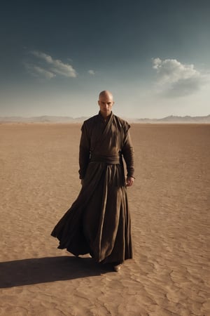 A very hot wind is blowing over a desert landscape. He is nice, young, close to 36 years old. bald, strong, serious, successful. Magic realism, mysterious, hot. Cinematic Lighting.