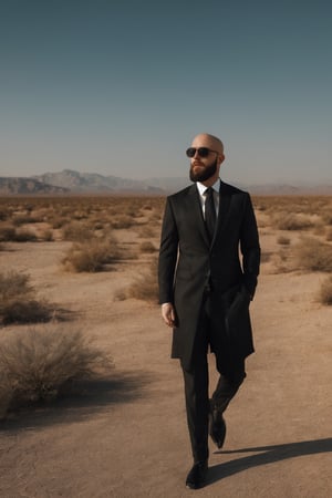 A very hot wind is blowing over a desert landscape. He is nice, young, close to 36 years old, bald, full beard, sunglasses, strong, serious, successful. he is wearing an official black suit. black shoes, Magic realism, mysterious, hot. Cinematic Lighting.