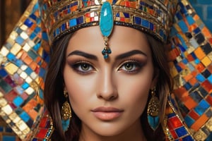 Generate hyper realistic image for an egyptian attractive queen of a visually dynamic beauty shot but as if she was real by incorporating mosaic patterns or elements. Whether through makeup, props, or background, introduce a mosaic-inspired theme to add complexity and visual interest to the composition. looking at the viewer, extreme realism, award-winning photo, sharp focus, detailed, intricate,art_booster