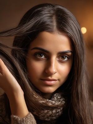 photo r3al, photorealistic, masterpiece, hyperdetailed photography, young arabic woman combing her hair, her hair is very dry, she is sad, she is wearing winter clothes, best quality, 8k UHD, 8k, ultra quality, ultra detailed, closed eyes, warm lighting, soft lighting, smirking, professional photography, natural faces, natural beauty, hypnotizing eyes, 