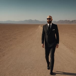 A very hot wind is blowing over a desert landscape. He is nice, young, close to 36 years old, bald, full beard, sunglasses, strong, serious, successful. he is wearing an official black suit. black shoes, Head to stomach vision only, Magic realism, mysterious, hot. Cinematic Lighting.