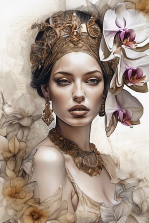 watercolor drawing, photorealism, pharaonic, high fashion, brown-haired, transparent, sensual lips, alluring gaze, floral embroidery, dark botanical, digital-art, elaboration, high detail, delicate sensuality ,glass and stone, intricate details, bright and large orchids bohemian, elegant, aesthetic, lineout, surrealism, realistic, high quality, work of art, hyper-detailed, professional, filigree, hazy, super-detailed